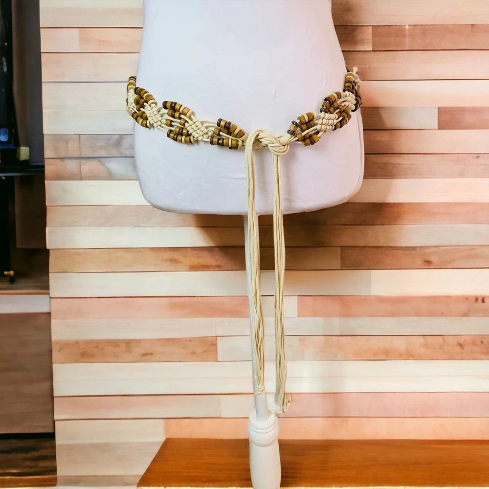 Vintage Bohemian Macrame Braided Tassel Wooden Beads Belt Knotted Beige One Size
